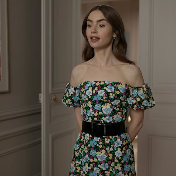 Maje Rapy Floral Off the Shoulder Dress ASO Emily in Paris - Picture 13 of 13